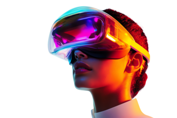 A futuristic woman wearing vibrant virtual reality goggles, showcasing the potential of immersive technology and digital experiences.