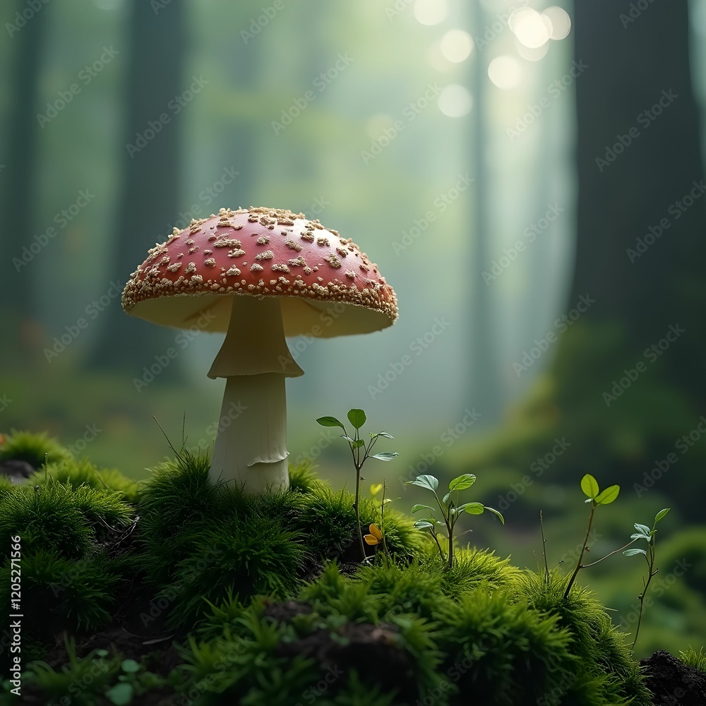 Poster a red and white mushroom growing on a bed of green moss in a forest setting with greenery and trees in the background.