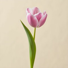 Naklejka premium a single pink tulip with a green stem and a single green leaf, set against a beige background.