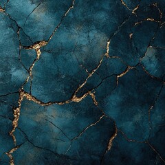 Obraz premium Deep Teal Cracked Texture with Gold Accents: Abstract Art Background, Design Element, Luxury, Elegant, Modern, Crackle, Grunge, Splintered, 