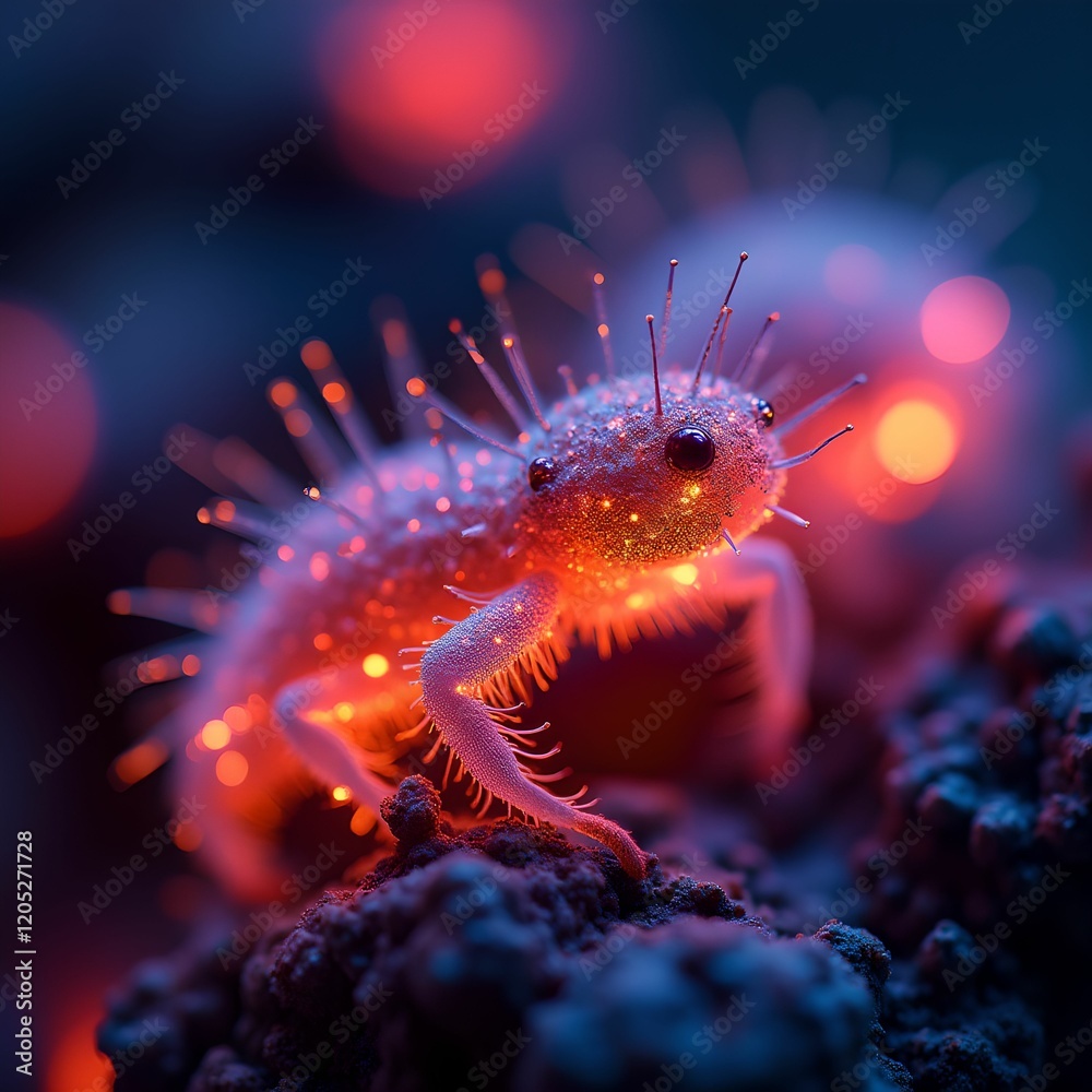 Poster a small, brightly colored insect with numerous spines on its body, perched on a dark, rocky surface.