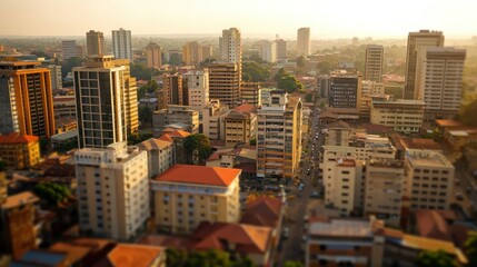 Obraz premium Golden Hour Panorama of Kampala's Skyline: A Captivating Aerial View of Uganda's Bustling Capital