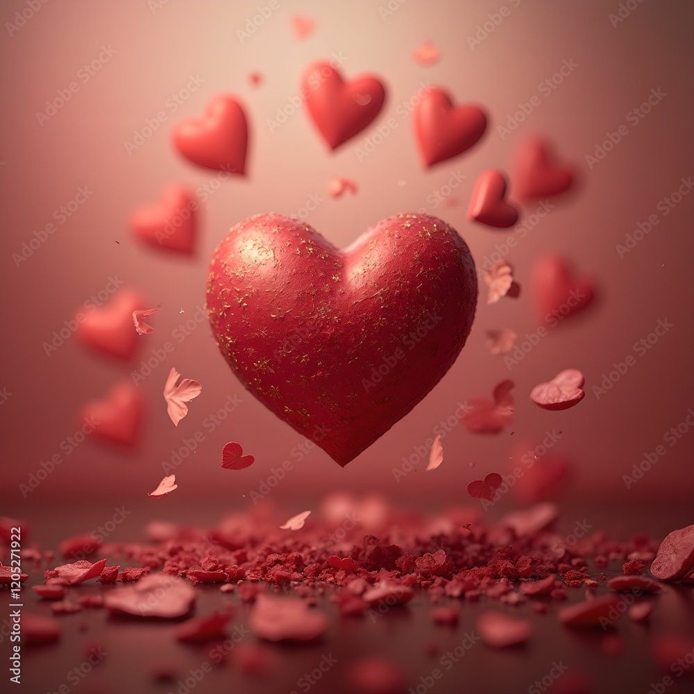 Aufkleber a large, red heart surrounded by smaller red hearts and heart-shaped confetti, all set against a gra