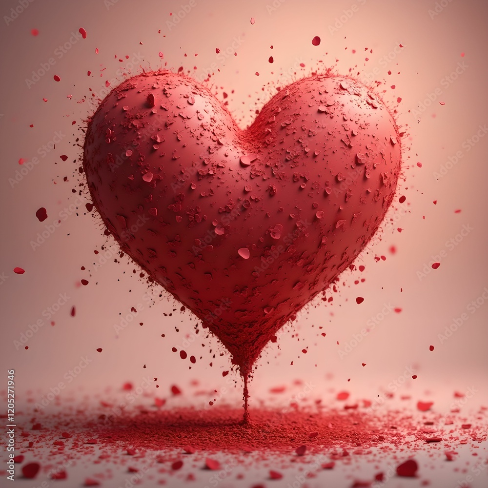 Poster a three-dimensional, abstract red heart shape with a textured, granular surface. It appears to be levitating in the air with small red particles or pieces scattered around it.