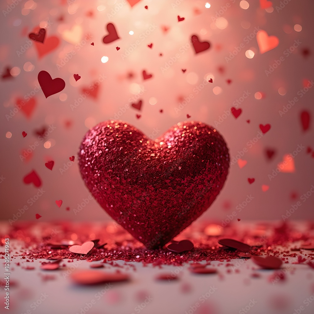Poster a large red glittering heart sitting atop a red surface, with smaller red hearts floating around it and covering the background.