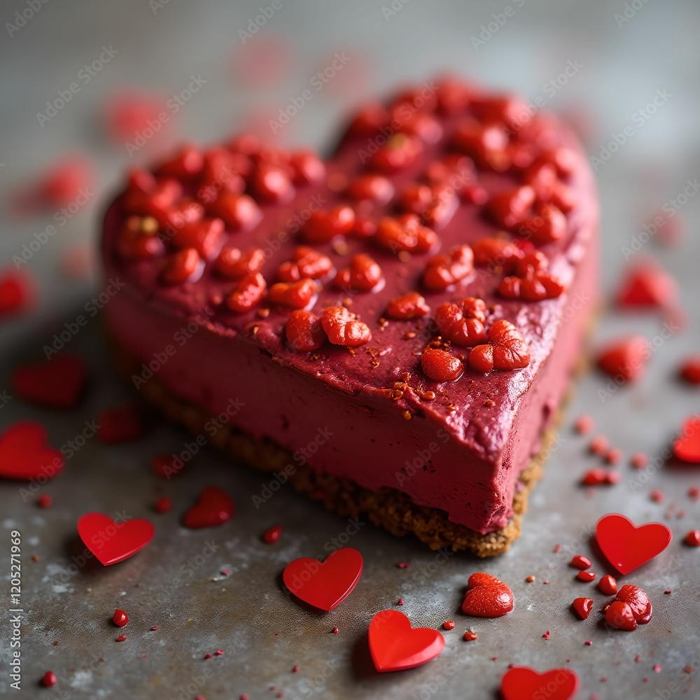 Poster heart-shaped dessert with a red filling and a dark crust, decorated with small red candies. the dess