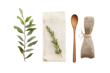 A rustic kitchen setup featuring fresh herbs, a wooden spoon, and linen cloth, perfect for culinary inspirations and home cooking.