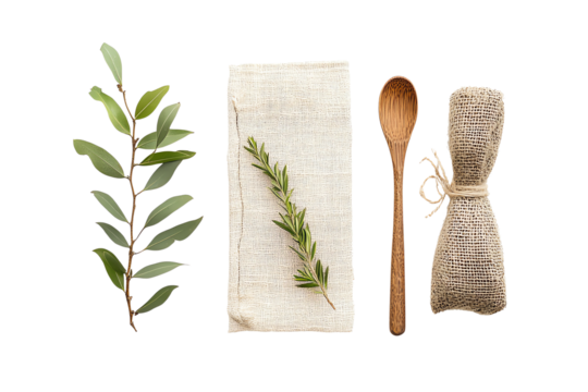 A rustic kitchen setup featuring fresh herbs, a wooden spoon, and linen cloth, perfect for culinary inspirations and home cooking.