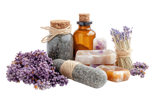 A serene arrangement of lavender, stones, and essential oil bottles, perfect for promoting relaxation and wellness in a tranquil environment.