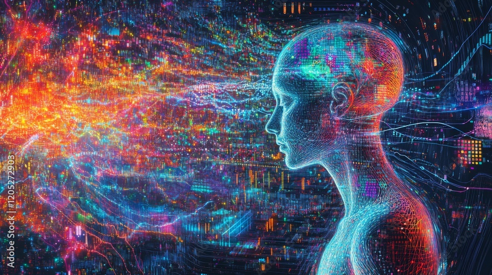 Leinwandbilder A vivid digital representation of a humanoid figure with colorful, flowing data streams emanating from its head, symbolizing intelligence and technology.