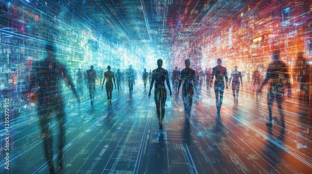 Poster a vivid digital landscape with silhouettes of figures walking through a corridor of light and data s