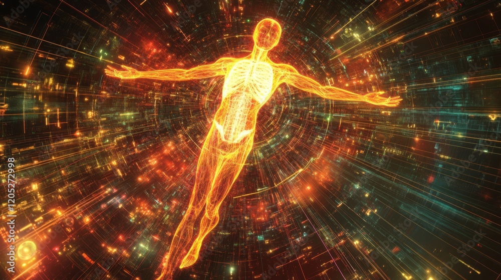 Poster a glowing, abstract figure appears to be floating in a vibrant, digital space filled with colorful l