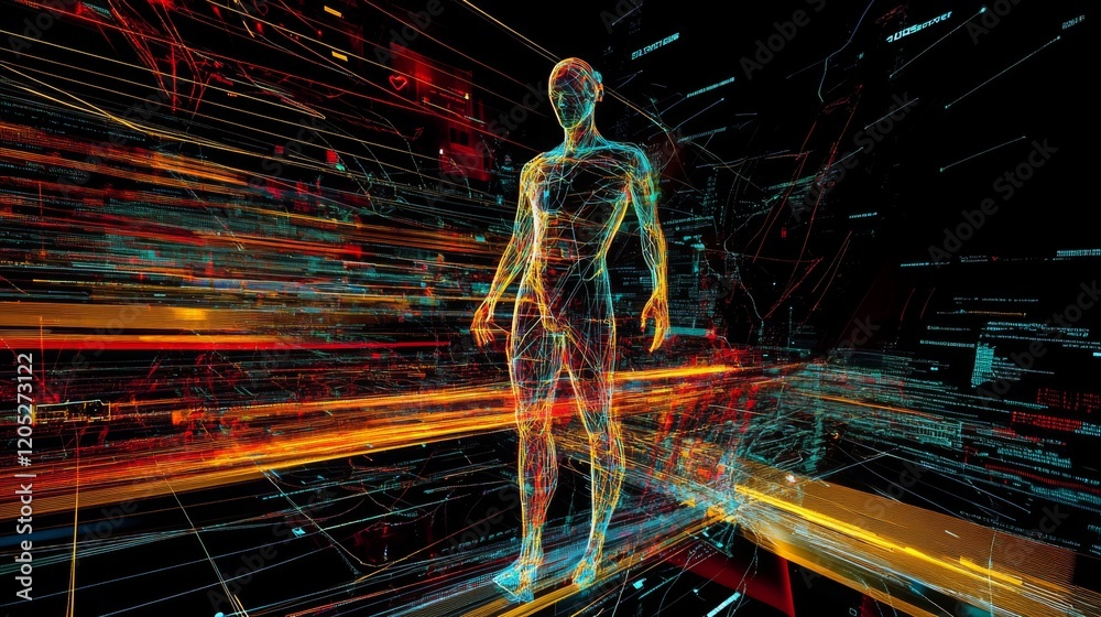 Poster a digital representation of a human figure surrounded by vibrant lines and data, symbolizing the fus