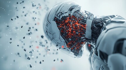 Damaged robot head, internal system failure, futuristic background, sci-fi illustration