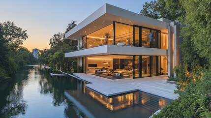 Fototapeta premium Modern architectural house by a serene river at sunset, showcasing luxurious living spaces and nature