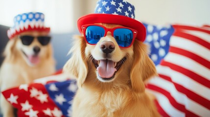 Two dogs wear patriotic hats and sunglasses, posing happily in a festive setting adorned with red, white, and blue decorations.