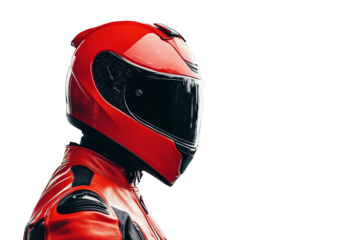 A side profile of a motorcyclist wearing a sleek red helmet and matching suit, showcasing the spirit of speed and adventure on the open road.