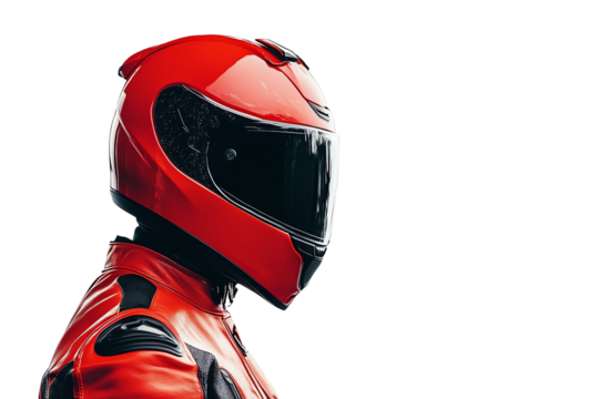 A side profile of a motorcyclist wearing a sleek red helmet and matching suit, showcasing the spirit of speed and adventure on the open road.