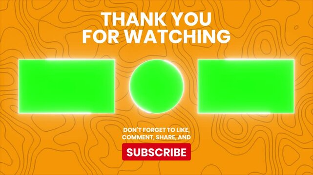 Animated end screen with green screen placeholders for customizable content.  Perfect for YouTube, social media, and more. Includes Thank You, Subscribe call to action.
