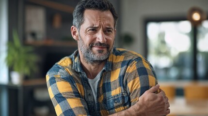 Obraz premium Mature craftsman in plaid shirt in workshop environment. Represents skilled trades, artisanal expertise, and professional craftsmanship concepts.