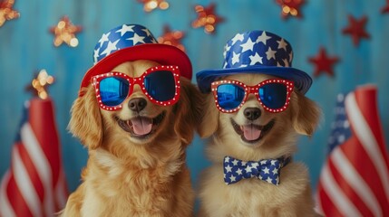 Two cheerful dogs wear patriotic hats and sunglasses, surrounded by stars and flags, embodying a festive spirit.