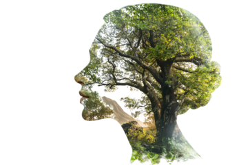 A unique artistic representation blending human and nature elements, showcasing a tree within a human silhouette, symbolizing harmony and growth.