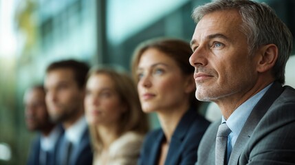 Fototapeta premium Diverse business team looking forward with optimistic expressions. Ideal for leadership vision, team success, and corporate future concepts.