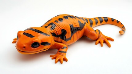 A bright orange tiger salamander resting on a white background