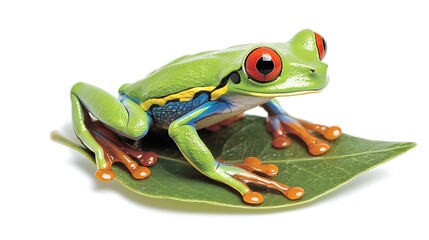A bright green tree frog perched on a leaf on a white background