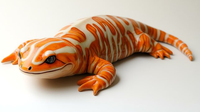 A bright orange tiger salamander resting on a white background