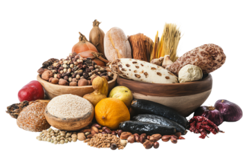 A vibrant and diverse assortment of grains, legumes, fruits, and vegetables arranged in wooden bowls, showcasing the richness of culinary ingredients.