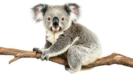 Fototapeta premium A fluffy koala sitting on a branch with a white background