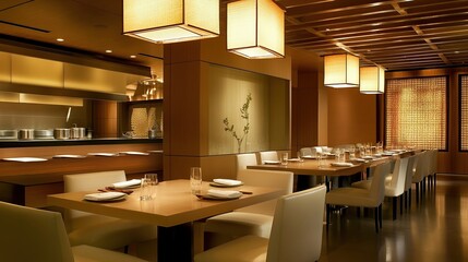 Elegant, dimly lit restaurant interior with wooden tables and chairs, minimalist design.