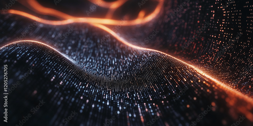 Poster abstract glowing data stream with orange particles and digital motion