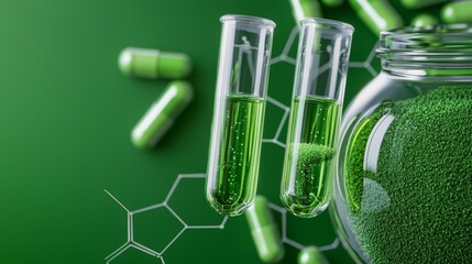 A close-up of green liquid in test tubes beside green capsules, surrounded by a backdrop of vibrant green, emphasizing scientific research and health.
