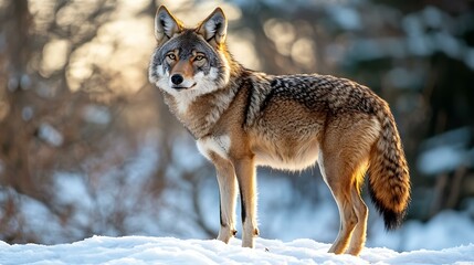 A high-resolution image of a wolf standing alert on a white surface