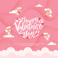 Cute Happy Valentine's Day 2025 Handwritten Text Lettering with Cupid Skying on the Cloud Background.  Valentine's Day Greeting with 3D Pink Background. Vector Illustration