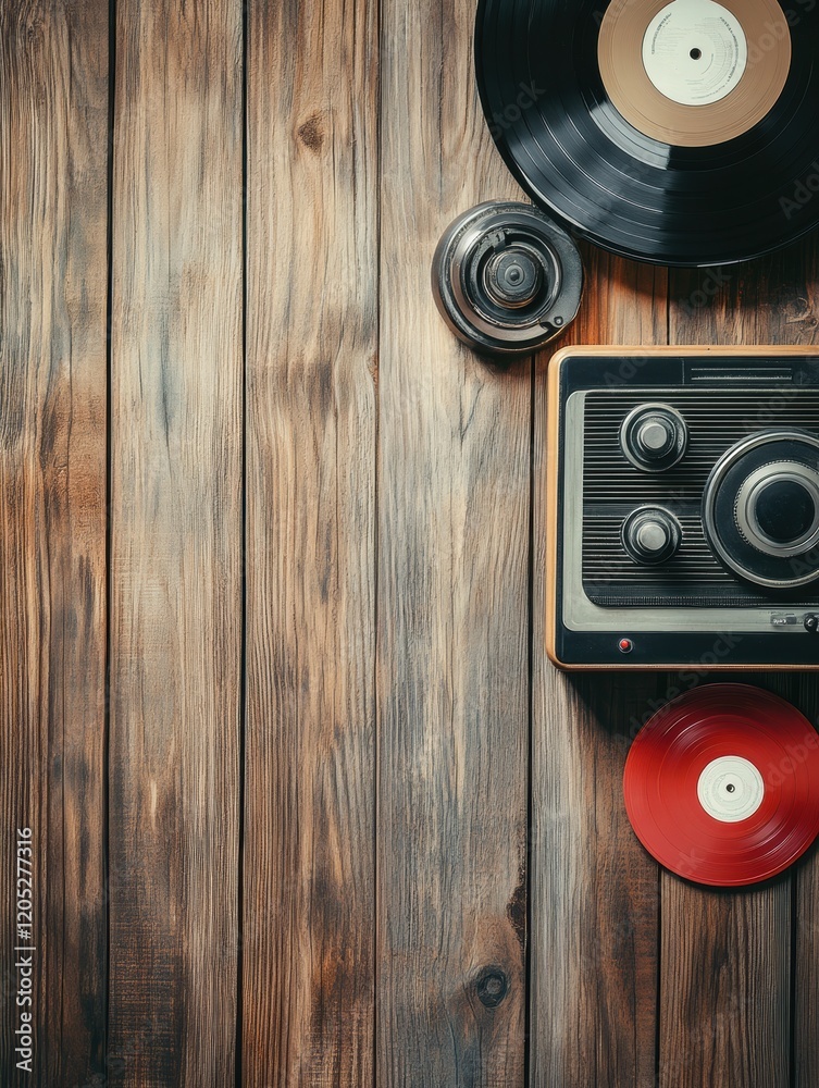 Leinwandbilder vintage record player and vinyl records on a wooden table in a cozy atmosphere with rustic elements 