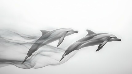 Obraz premium A pair of dolphins swimming in unison against a white background