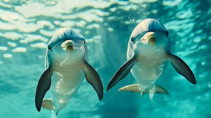 Naklejka premium A pair of dolphins swimming in unison against a white background