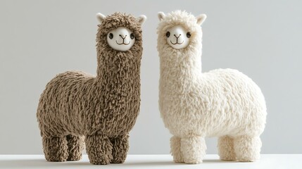 Fototapeta premium A pair of fluffy alpacas standing side by side on a white surface