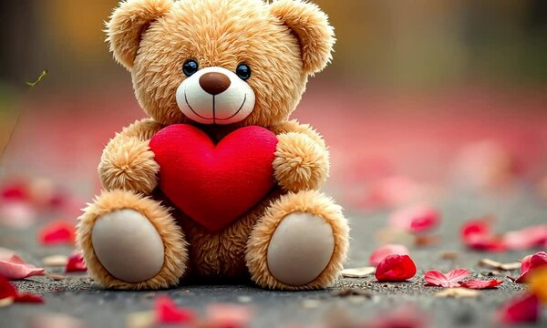 Adorable Teddy Bear Holding Red Heart Romantic Valentine Image
