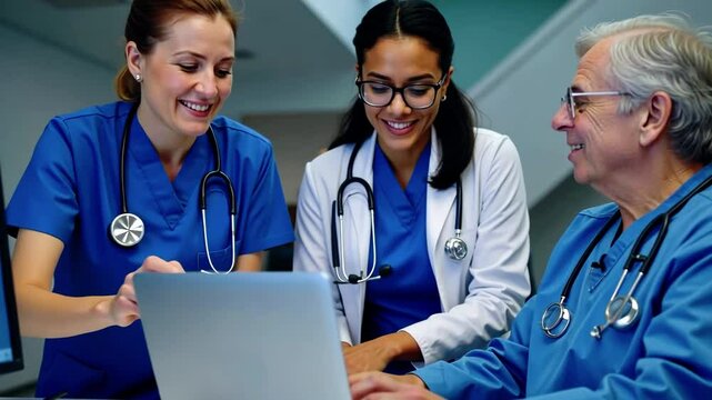 Medical professionals collaborating on a laptop, sharing information and insights.