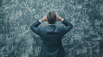 Man facing complex mathematical formulas on chalkboard. Perfect for academic challenge and problem-solving concepts.