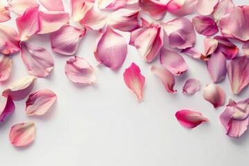 Fototapeta premium Top view of pink rose petals for Valentines Day on light pastel background. High quality photo
