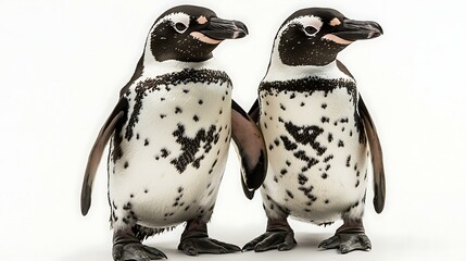 A pair of penguins standing close together on a white background