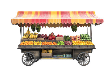 A vibrant fruit market cart brimming with fresh bananas, apples, oranges, and vegetables, showcasing colorful produce under a striped awning.