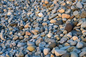 Colorful river stones glimmer under the soft morning light by the tranquil riverside