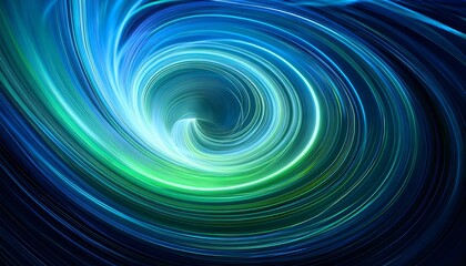 Futuristic abstract design with flowing neon light trails in green and blue, forming a circular vortex
