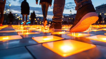 Obraz premium Pedestrians Walking on Kinetic Energy Harvesting Floor Tiles in a Busy Public Square